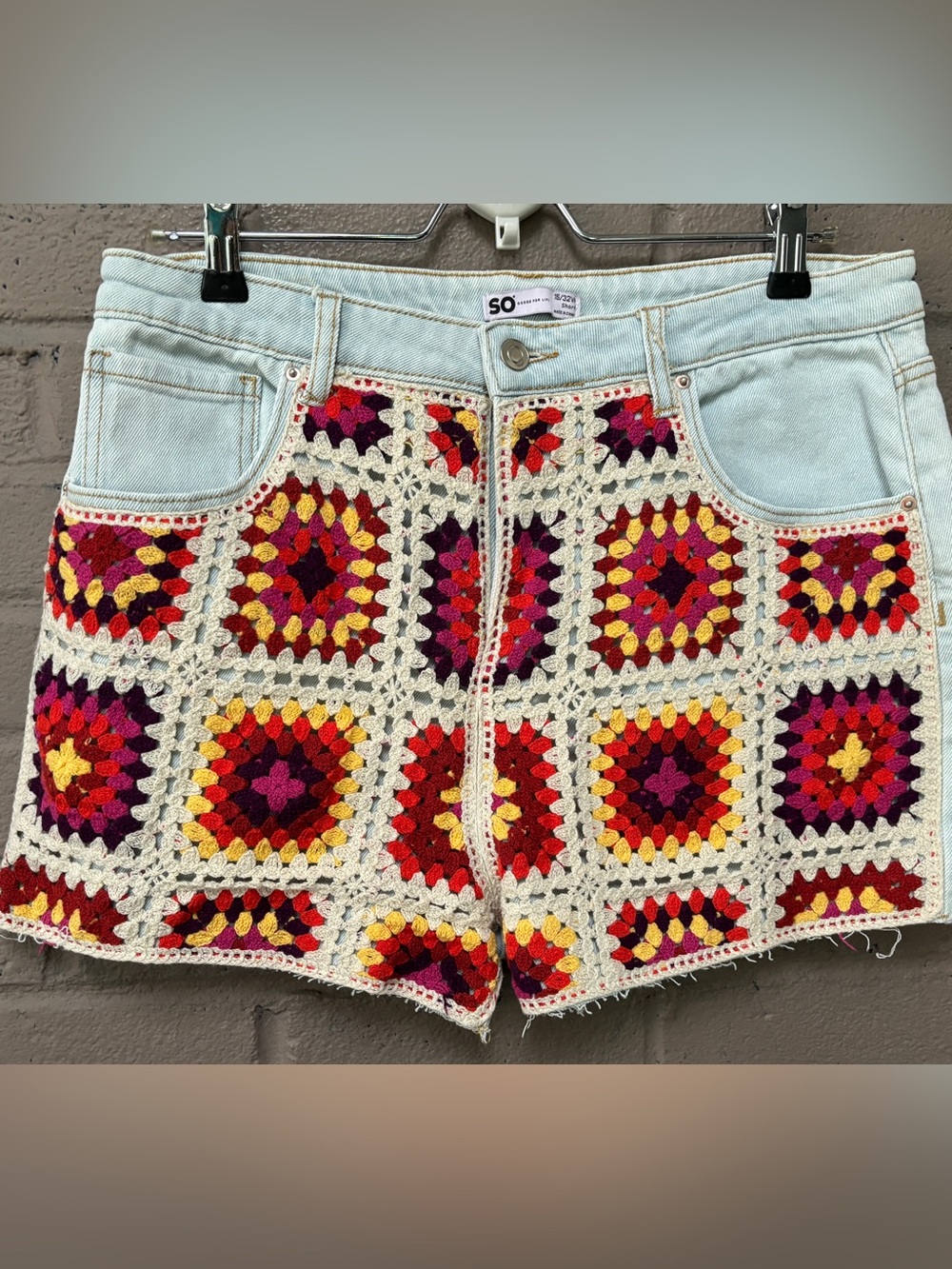 Crochet Patchwork Denim Shorts - Multicolor 32 -runs small